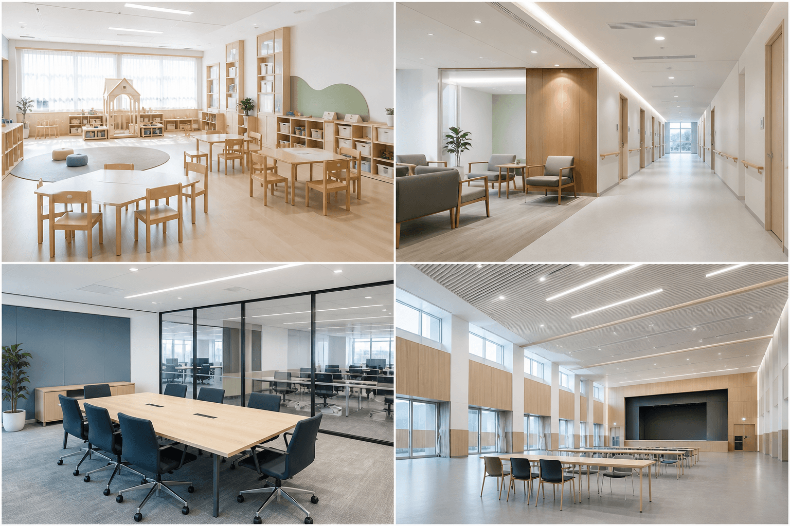Illustrative collage of education, healthcare, workplace, and public spaces
